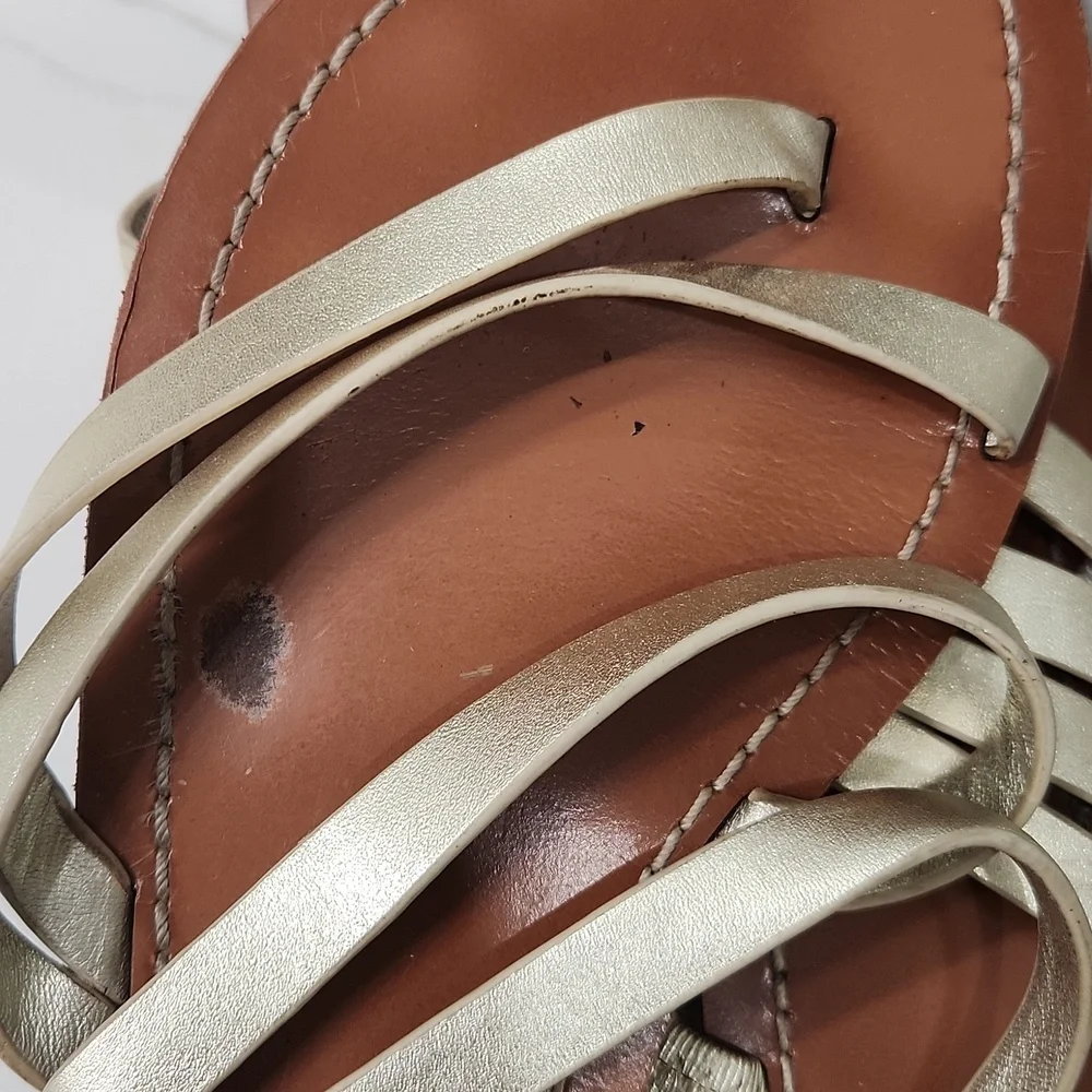 Tory Burch Gold Strappy Leather Sandals with Brown Footbed - Picture 3 of 11